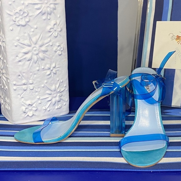 Fashion nova neon blue clear ankle strap square high heel sandals Sz 10 - Picture 4 of 15